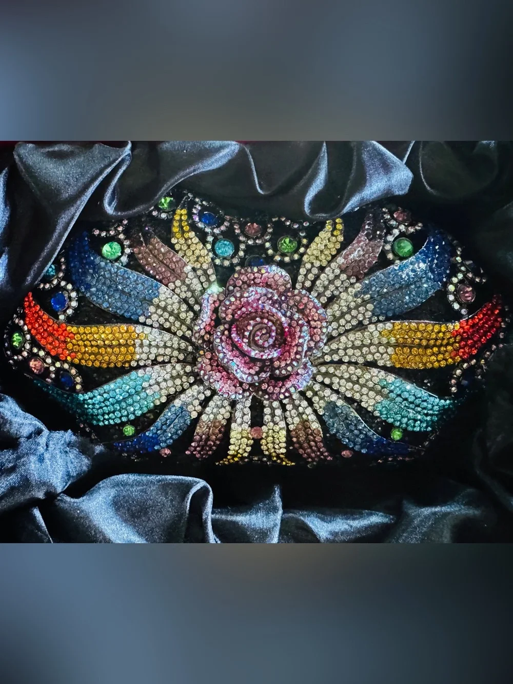 Crystal-Embellished Rose and Rainbow Color Vibrant sparkly Opera Clutch Bag